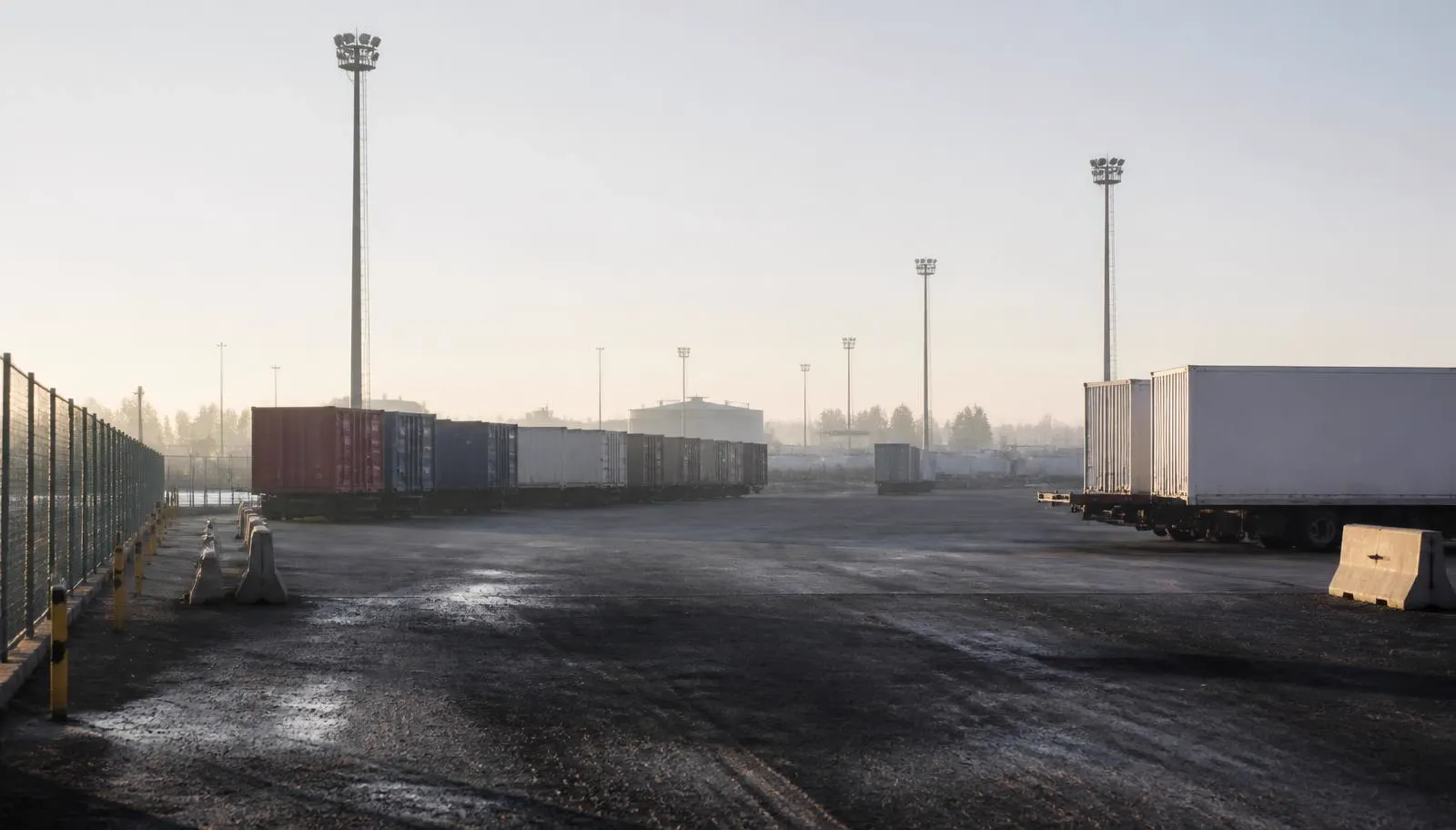Logistiek terrein met trailers en containers achter een hekwerk
