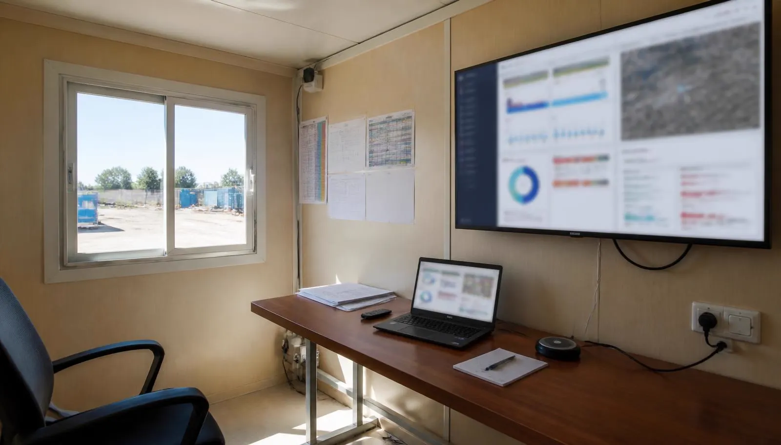 Bouwkeet met laptop en groot scherm met overzichten